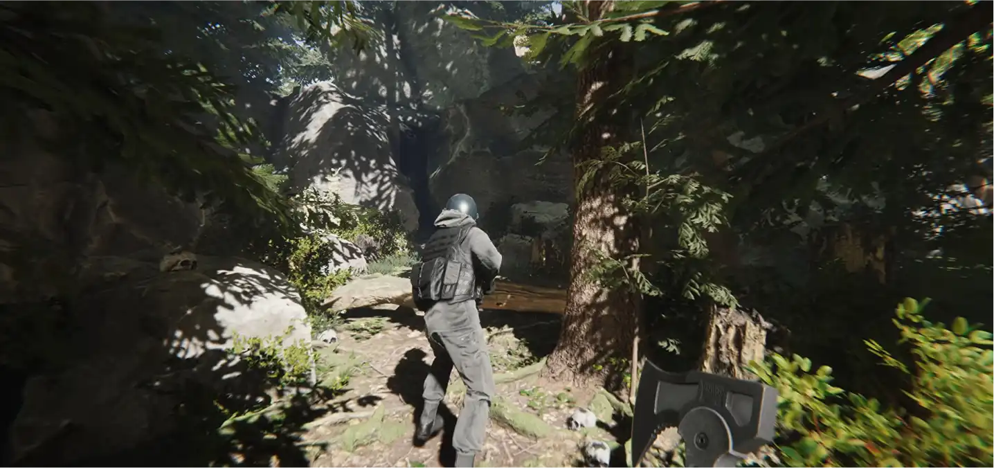character walking between trees