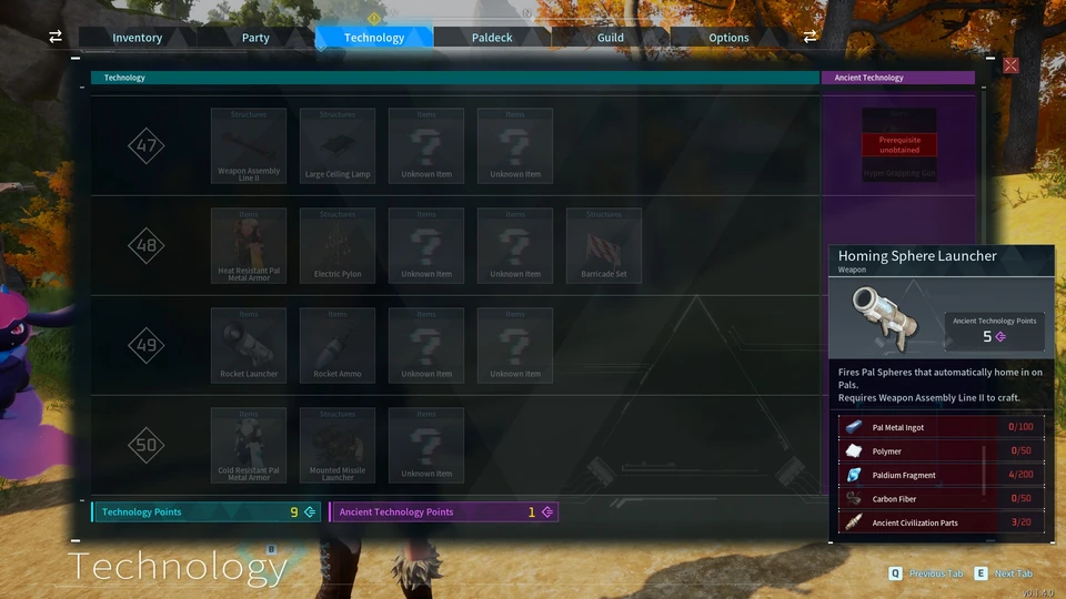 Palworld Ancient Technology Points & Sphere Homing Launcher Screenshot